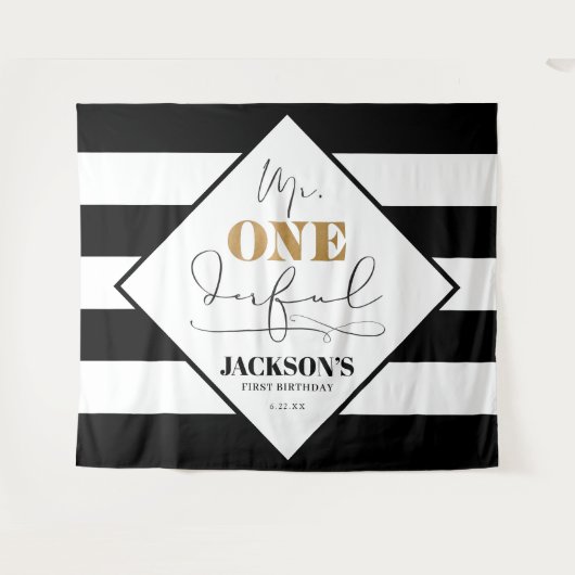 ミスター ワンダフル ブラック アンド ホワイト ストライプ バックドロップ タペストリー (正面(横))