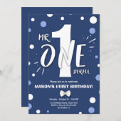 ミスター ワンダフル ボーイ ロイヤル ブルー 1歳の誕生日 招待状 (正面/裏面)