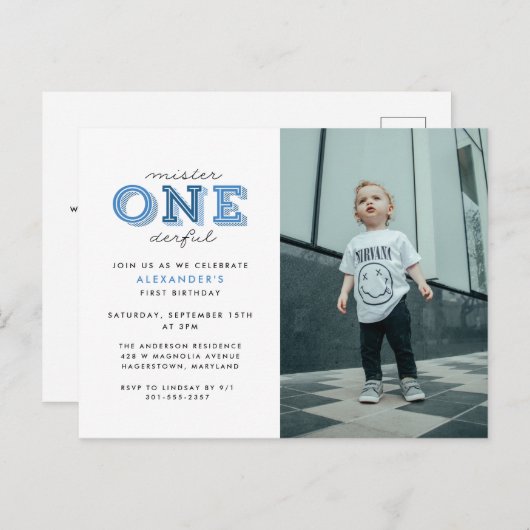 ミスター ワンダフル 1歳の誕生日写真招待状 ポストカード (正面/裏面)
