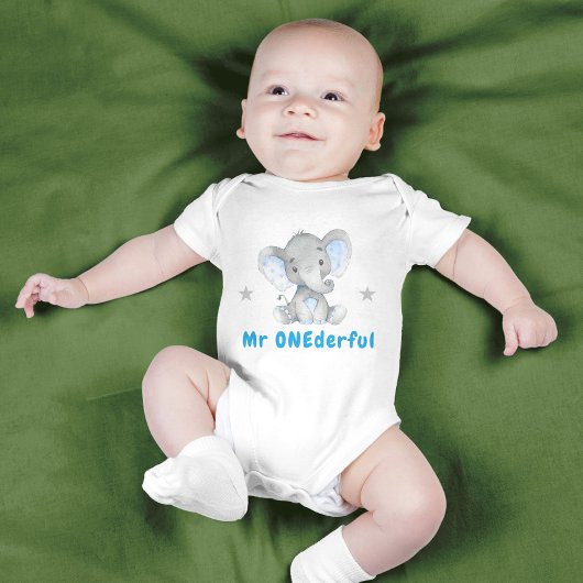 ミスター・ワンダフル 1歳 誕生日 青い ぞう 男の子 ベビーボディスーツ