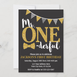 ミスター・ワンダーフル誕生日招待状 |ブラックと金ゴールド 招待状