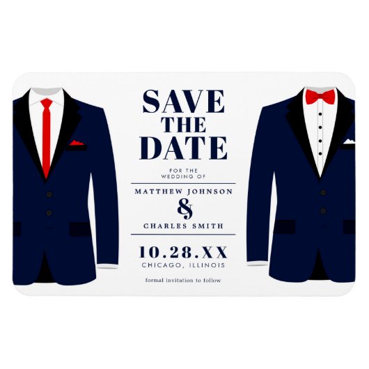 ミスター& Mr. モダン 結婚 Navy Tux -日付を保存 マグネット (横)
