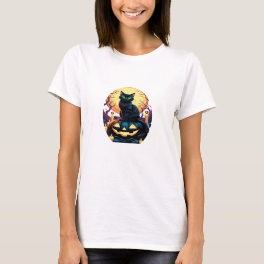 ミスティカルな黒猫のハロウィンTシャツ - かぼちゃの上 Tシャツ (正面)