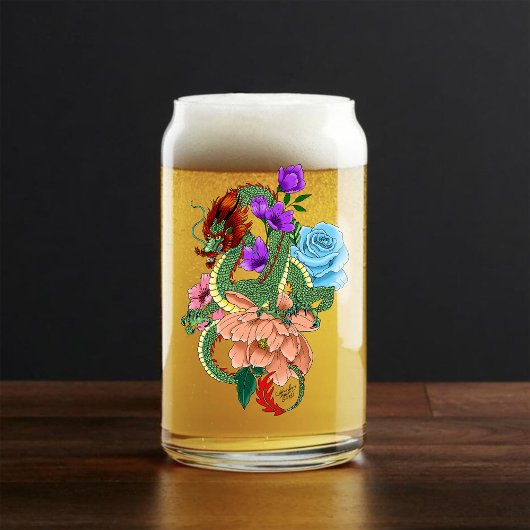 ミスティカルグリーンの中国の龍とフラワーナービーブルー ガラス缶