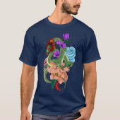 ミスティカルグリーンの中国の龍とフラワーナービーブルー Tシャツ (正面)