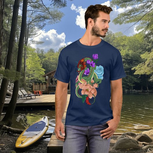 ミスティカルグリーンの中国の龍とフラワーナービーブルー Tシャツ