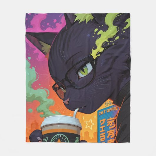 ミスティカル・アニメ 黒猫 フリースブランケット (正面)