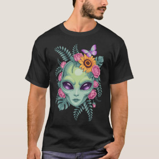 ミスティカル エイリアン フラワー グラフィック サンフラワー バット Tシャツ