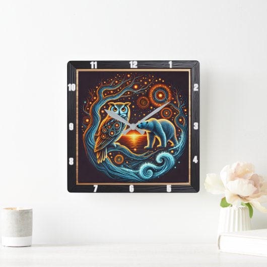 ミスティックな夜の生き物バイザショアきらめく スクエア壁時計 (ホーム)