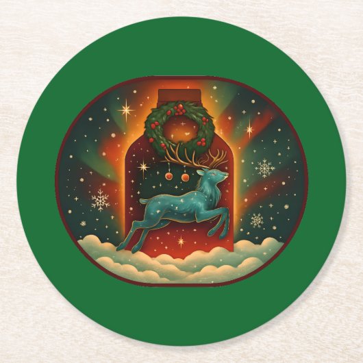 ミスティックウィンタースタッググリーンBG ラウンドペーパーコースター (正面)