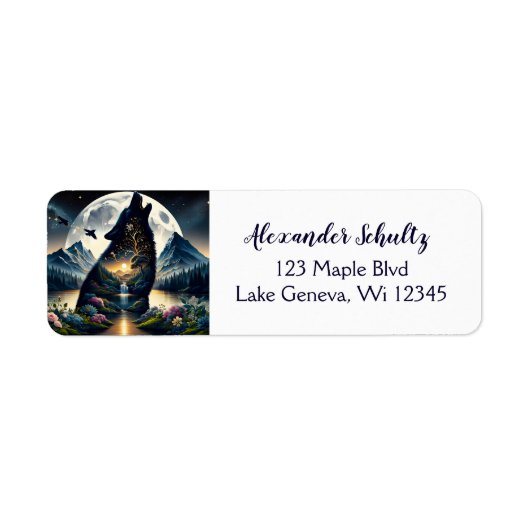 ミスティックウルフハウリングアットムーンシュレアルパーソナライズされた ラベル (正面)