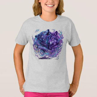 ミスティックギャラクシー キッズTシャツ 青い宇宙オオカミの芸術  Tシャツ