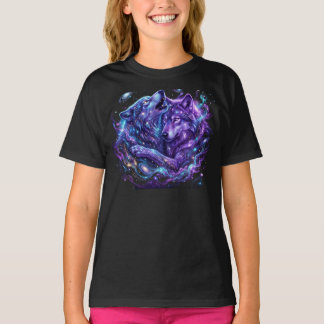 ミスティックギャラクシー キッズTシャツ 青い宇宙オオカミの芸術  Tシャツ