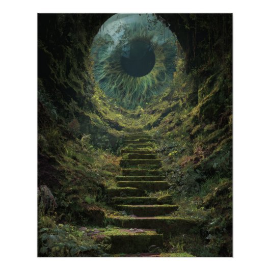 ミスティックグリーンの月明かりの森の階段アート ポスター (正面)
