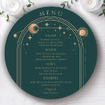 ミスティックグリーン金ゴールドサンムーンスターズ宇宙結婚ズ メニュー<br><div class="desc">神秘的な緑の金ゴールド太陽の月の星宇宙のメニューカード結婚は、金ゴールド書のスクリプトの中心にあなたのメニュー詳細を中心に緑の背景に金ゴールドの太陽、月と星のフレームを備えモダンている。提供されている文字・ボックスで文字を編集してパーソナライズ。Evco Studio ©(www.zazzle.com/store/evcostudio)による設計</div>