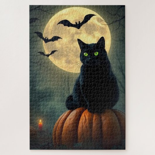 ミスティックグロウブラックキャットパズル - ハロウィンの魔法 ジグソーパズル (縦)