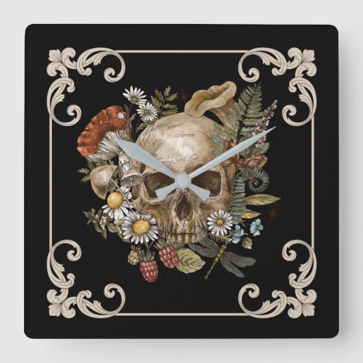 ミスティックスカルヴィンテージブラック スクエア壁時計 (正面)