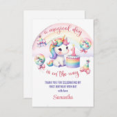 ミスティックパステルユニコーンガール1st誕生日パーティー サンキューカード (正面/裏面)