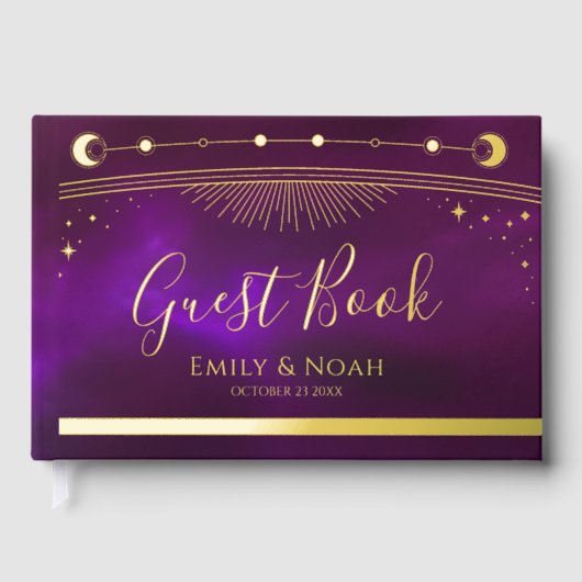ミスティックパープルティール(緑がかった色)金ゴールドサンムーンスターズ結婚ズ ゲストブック (正面)