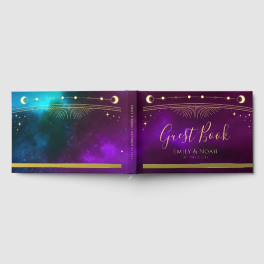 ミスティックパープルティール(緑がかった色)金ゴールドサンムーンスターズ結婚ズ ゲストブック (全面)