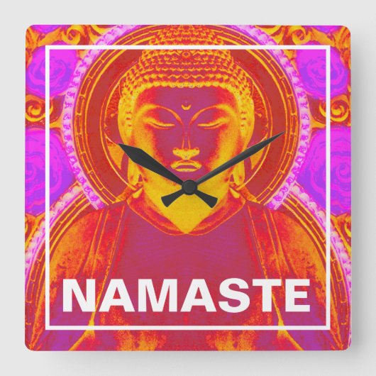 ミスティックブッダ – ピンクとオレンジ スクエア壁時計 (正面)