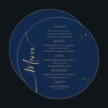 ミスティックブルー金ゴールドサンムーンスターズ宇宙結婚ズ メニュー<br><div class="desc">神秘的な青金ゴールド太陽の月の星宇宙結婚のメニューカードは青い背景に金ゴールドの星を備えシンプル、金ゴールド書のスクリプトの中心にあなたのメニュー詳細モダンを持つ。提供されている文字・ボックスで文字を編集してパーソナライズ。Evco Studio ©(www.zazzle.com/store/evcostudio)による設計</div>