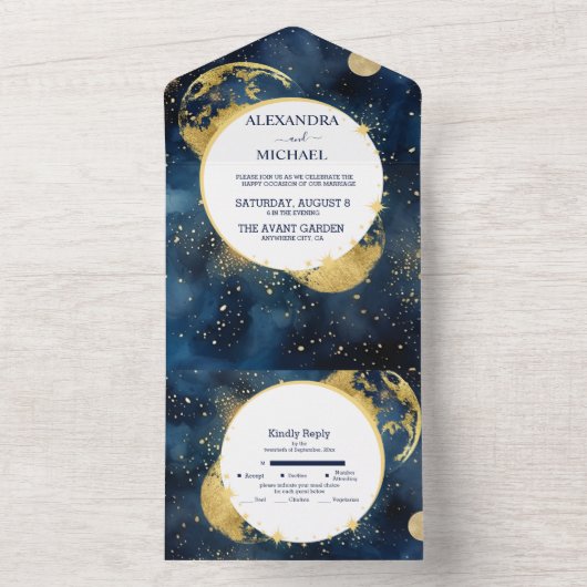 ミスティックミッドナイトブルーとゴールドの水彩ウェディング オールインワン招待状 (内側)