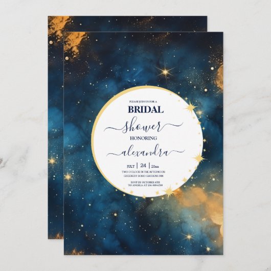 ミスティックミッドナイトブルーと金ゴールドウォーターカラーブライダル 招待状 (正面/裏面)