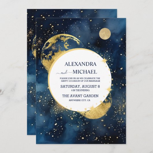 ミスティックミッドナイトブルーと金ゴールドウォーター結婚カラー 招待状 (正面/裏面)