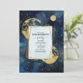 ミスティックミッドナイトブルー金ゴールドウォーターカラー婚約 招待状 (スタンド正面)
