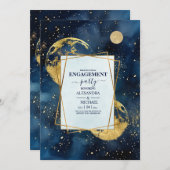 ミスティックミッドナイトブルー金ゴールドウォーターカラー婚約 招待状 (正面/裏面)