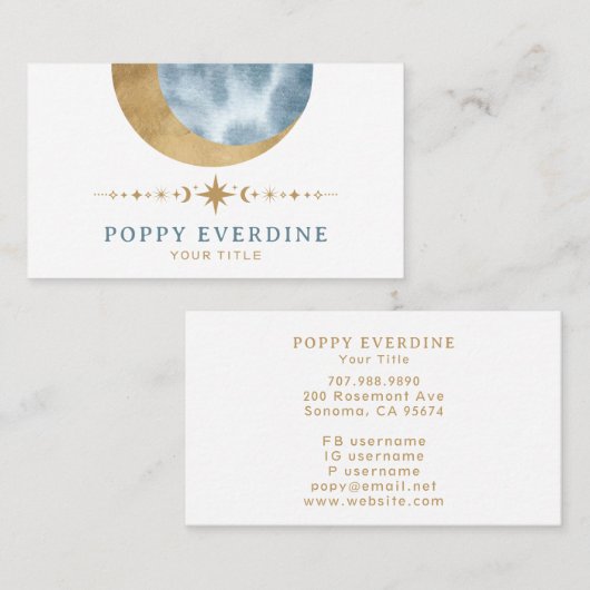 ミスティックムーン金ゴールドブルースターズアストロロジーヨガ 名刺 (正面/裏面)