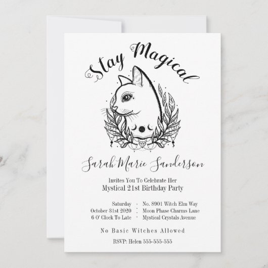 ミスティック·キャット21歳誕生日魔法ハロウィーン月相 招待状 (正面)