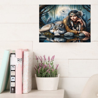 ミスティックA先住民アメリカ人女性と狼16x12 キャンバスプリント