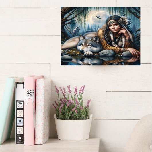 ミスティックA先住民アメリカ人女性と狼16x12 キャンバスプリント
