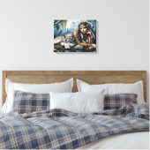 ミスティックA先住民アメリカ人女性と狼16x12 キャンバスプリント (インサイチュ (寝室))