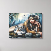 ミスティックA先住民アメリカ人女性と狼16x12 キャンバスプリント (正面)