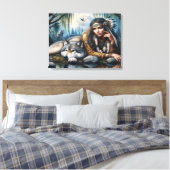 ミスティックA先住民アメリカ人女性と狼24x18 キャンバスプリント (インサイチュ (寝室))