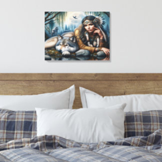 ミスティックA先住民アメリカ人女性と狼24x18 キャンバスプリント