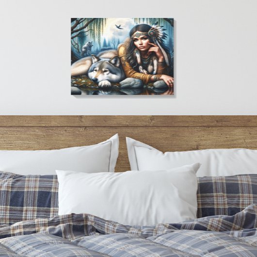 ミスティックA先住民アメリカ人女性と狼24x18 キャンバスプリント