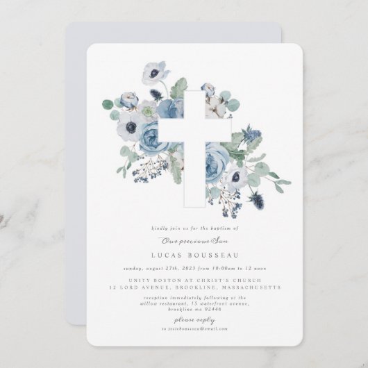 ミスティブルースクロスバプテスマ《キリスト教》洗礼式や命名式招待状 招待状 (正面/裏面)