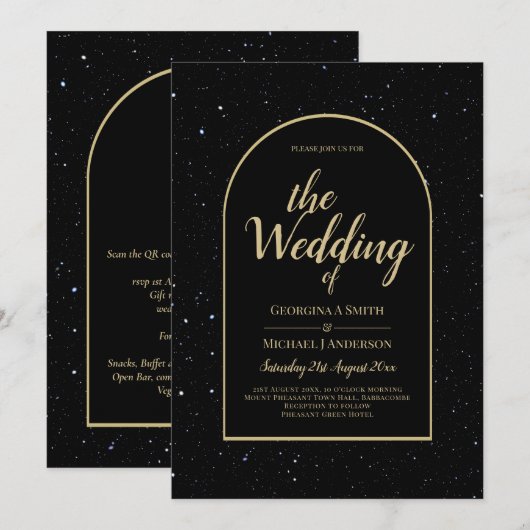 ミスティーク・ブラック・金ゴールド・スター結婚リー・ナイト 招待状 (正面/裏面)