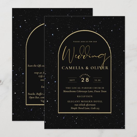 ミスティーク・ブラック・金ゴールド・スター結婚リー・ナイト 招待状 (正面/裏面)