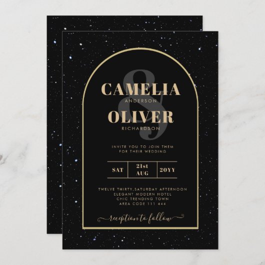 ミスティーク・ブラック・金ゴールド・スター結婚リー・ナイト 招待状 (正面/裏面)