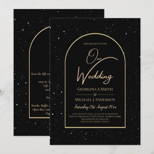 ミスティーク・ブラック・金ゴールド・スター結婚リー・ナイト 招待状 (正面/裏面)