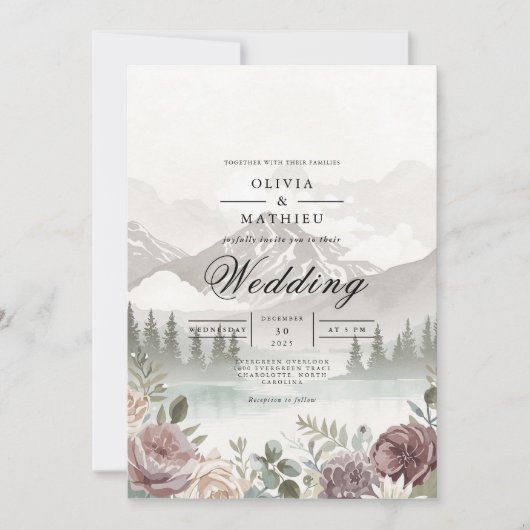 ミスティーマウンテンの背景 ロマンティックな結婚式 招待状 (正面)