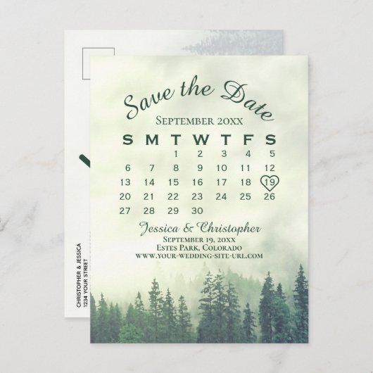 ミスティ緑の森の結婚式の日付カレンダーを保存 案内ポストカード (正面/裏面)
