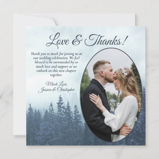 ミスティ青素朴松結婚の楕円形の写真 サンキューカード (正面)