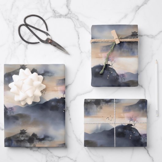 ミスティ・アジアスタイル・ランドスケープ・パターン ラッピングペーパーシート (正面)