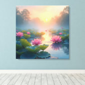 ミスティ・ロータス・ポンドアット・ドーン キャンバスプリント (インサイチュ (ウッドフロア))